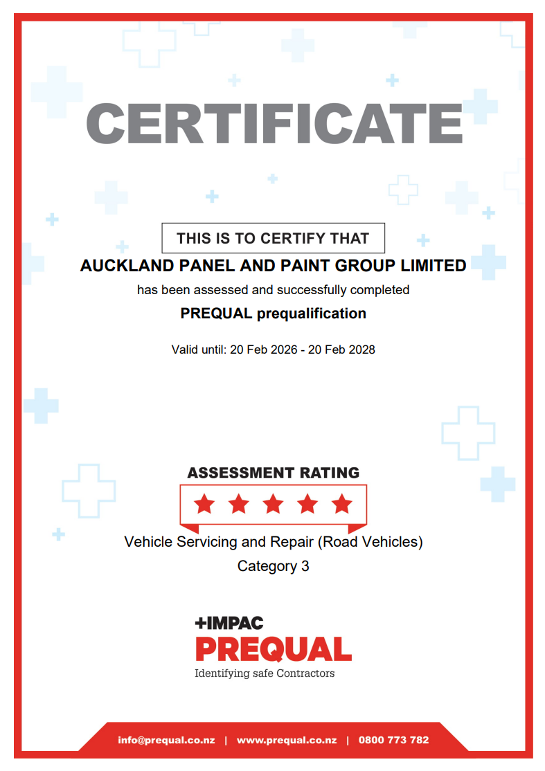 PREQUAL certificate for Auckland Panel and Paint Group Limited, valid 20 February 2026 to 20 February 2028.