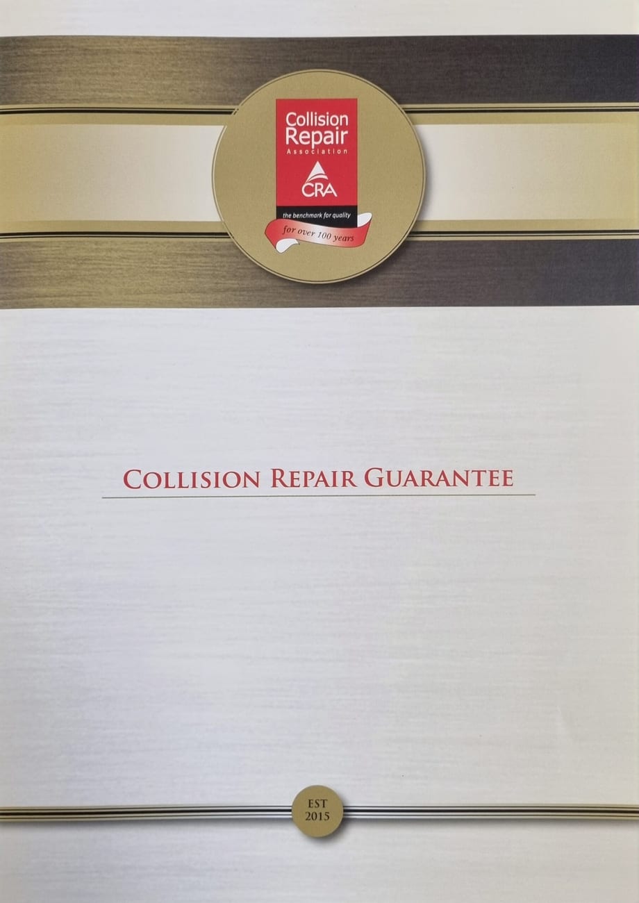 The CRA Collision Repair Guarantee document issued with every repair at Auckland Panel and Paint.